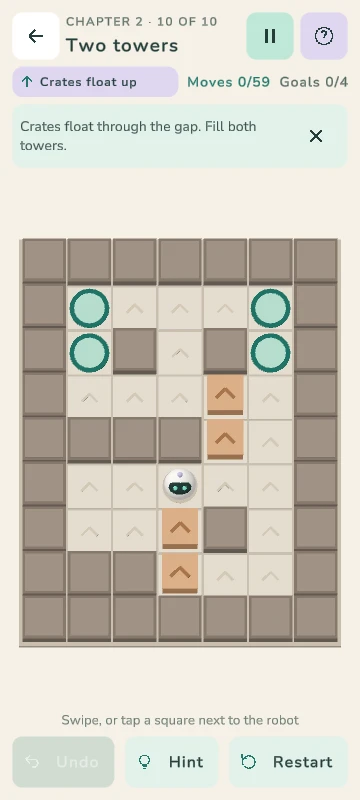 Chapter 2 puzzle “Two towers”: crates marked with up arrows on a board with four goals.