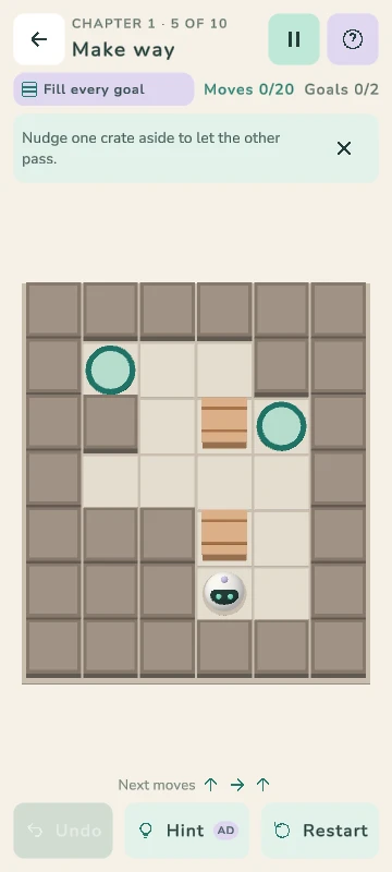 Chapter 1 puzzle “Make way”: the robot below two crates and two goals, with a hint reading “Next moves” and three arrows.