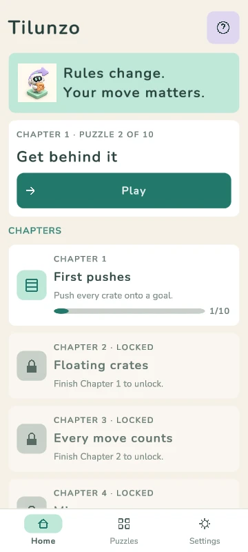 Tilunzo home screen: “Rules change. Your move matters.”, a Play button and the chapter list.