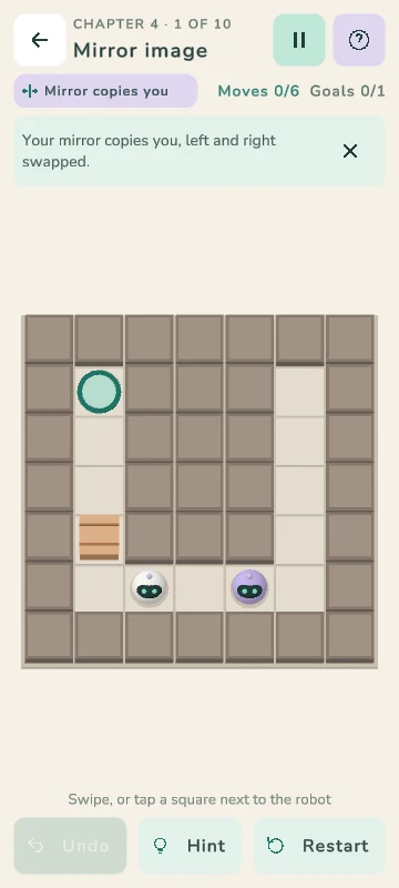 Chapter 4 puzzle “Mirror image”: the white robot and its lavender mirror robot on the same row of the board.