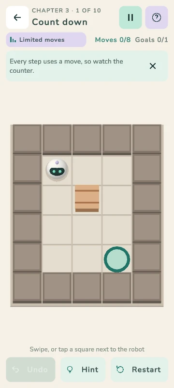 Chapter 3 puzzle “Count down”: the robot, one crate and one goal, with the move counter at 0 of 8.